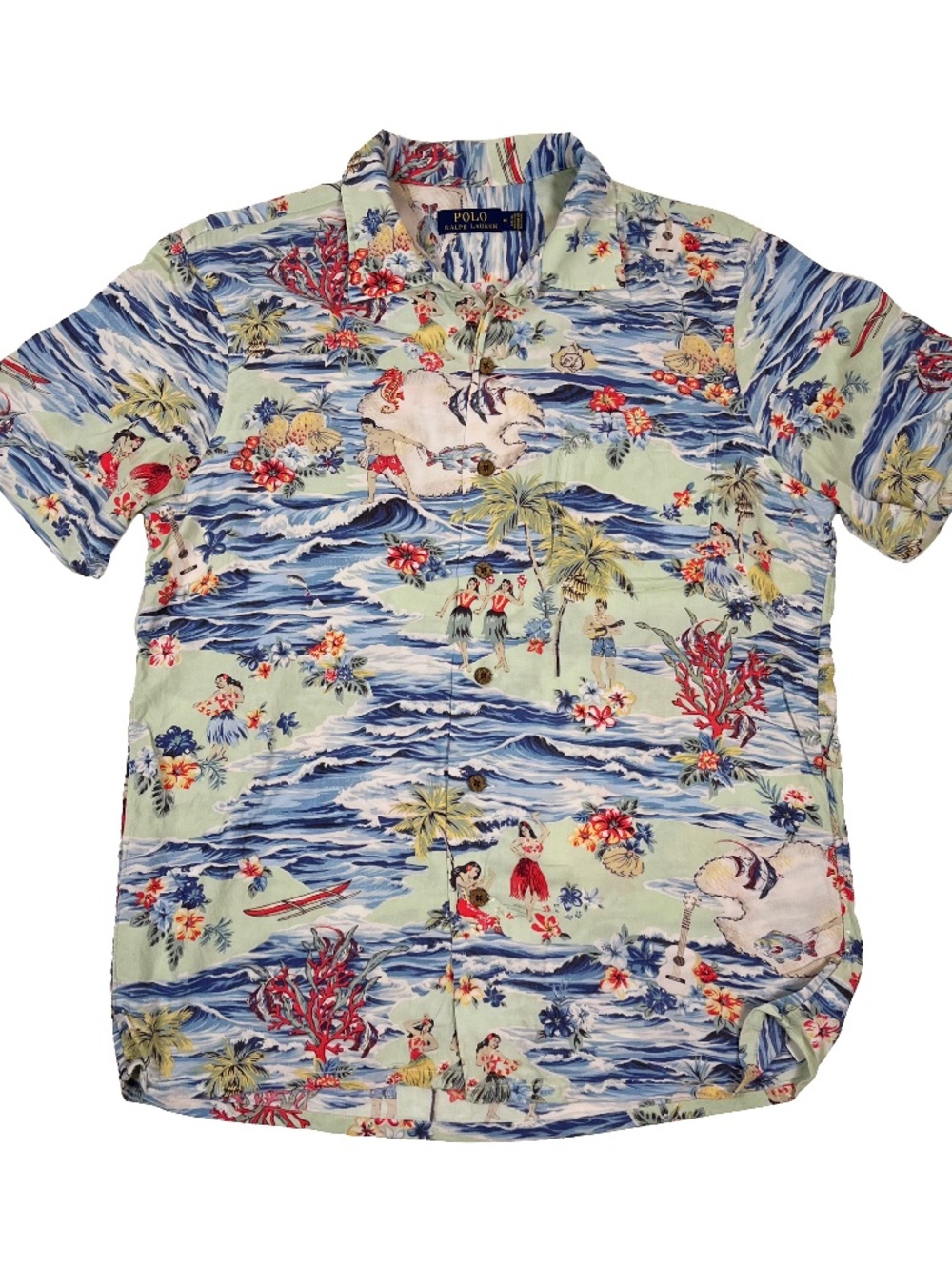 Polo Ralph Lauren Hawaiian Shirt Camp Loop Collar Fish HULA GIRL Ocean